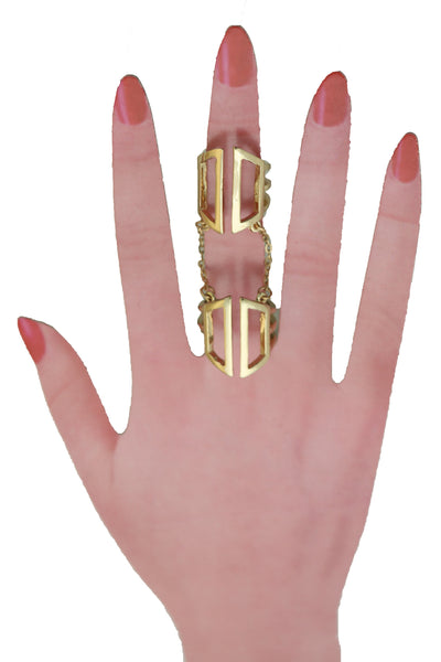 Women Gold Cuff Ring Metal Long Finger Double Fashion Jewelry Adjustable Band Up to Size 9