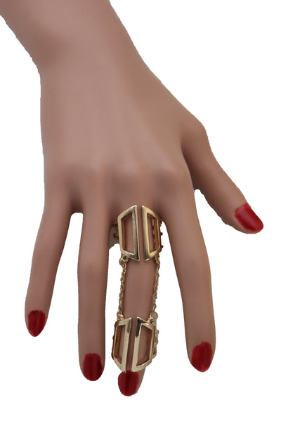 Women Gold Cuff Ring Metal Long Finger Double Fashion Jewelry Adjustable Band Up to Size 9