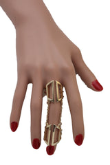 Gold Cuff Ring Metal Long Finger Double Adjustable Band