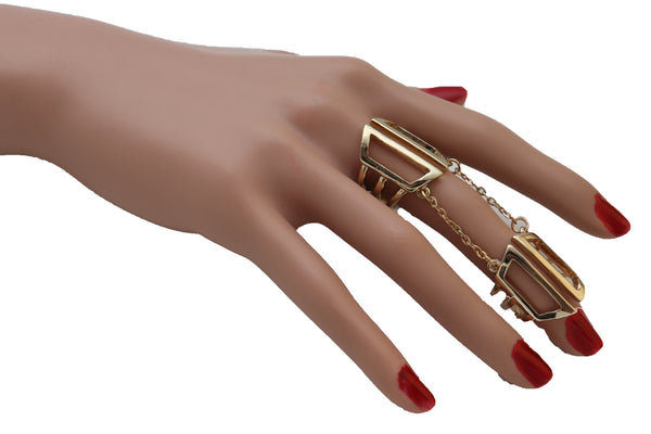 Women Gold Cuff Ring Metal Long Finger Double Fashion Jewelry Adjustable Band Up to Size 9