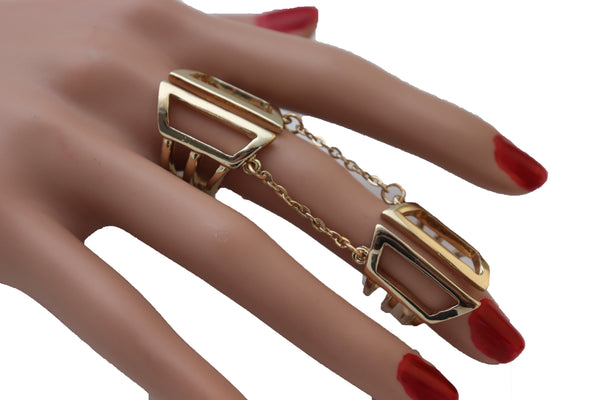 Women Gold Cuff Ring Metal Long Finger Double Fashion Jewelry Adjustable Band Up to Size 9