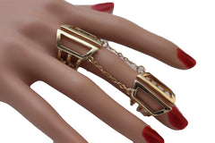 Women Gold Cuff Ring Metal Long Finger Double Adjustable Band Up to Size 9