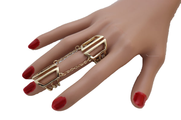 Women Gold Cuff Ring Metal Long Finger Double Fashion Jewelry Adjustable Band Up to Size 9