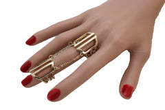 Women Gold Cuff Ring Metal Long Finger Double Adjustable Band Up to Size 9