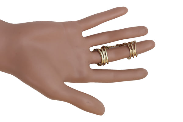 Women Gold Cuff Ring Metal Long Finger Double Fashion Jewelry Adjustable Band Up to Size 9