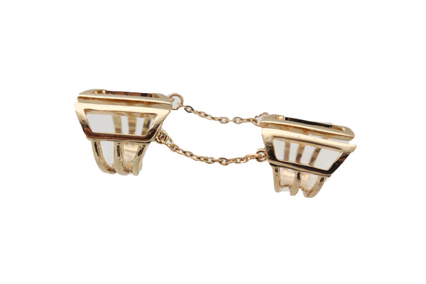 Women Gold Cuff Ring Metal Long Finger Double Fashion Jewelry Adjustable Band Up to Size 9