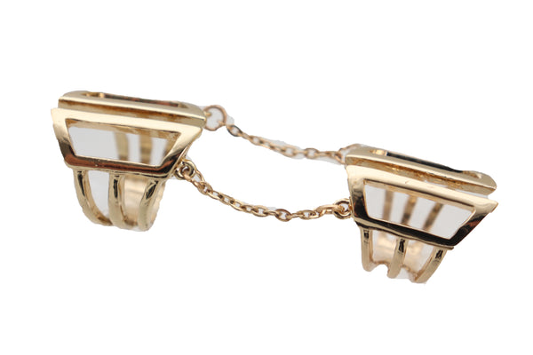 Women Gold Cuff Ring Metal Long Finger Double Fashion Jewelry Adjustable Band Up to Size 9