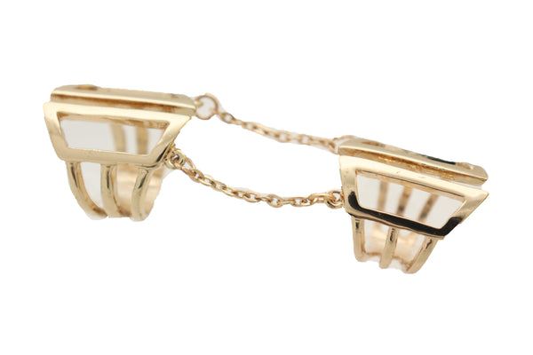 Women Gold Cuff Ring Metal Long Finger Double Fashion Jewelry Adjustable Band Up to Size 9