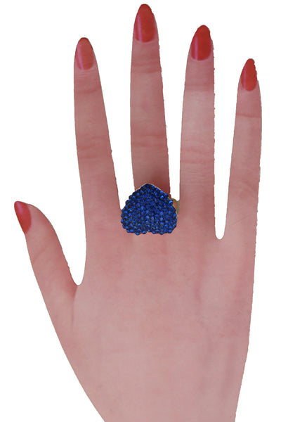 Women Gold Metal Bling Ring Blue Heart Fashion Jewelry Friendship Love Fit Band Size 7.5