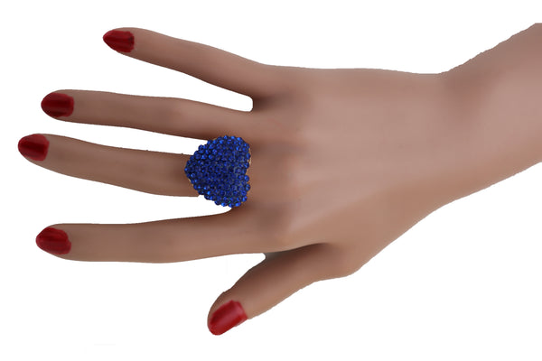 Women Gold Metal Bling Ring Blue Heart Fashion Jewelry Friendship Love Fit Band Size 7.5