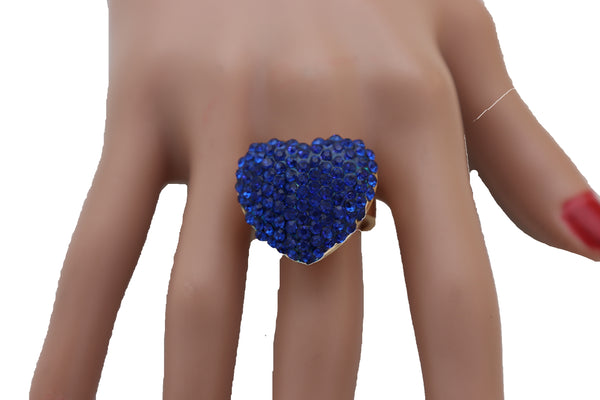 Women Gold Metal Bling Ring Blue Heart Fashion Jewelry Friendship Love Fit Band Size 7.5