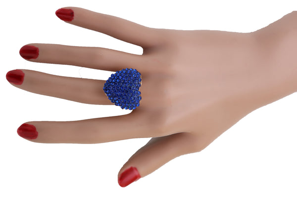 Women Gold Metal Bling Ring Blue Heart Fashion Jewelry Friendship Love Fit Band Size 7.5