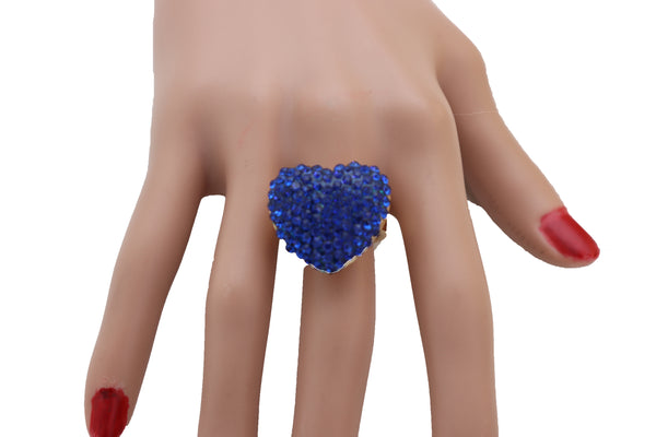 Women Gold Metal Bling Ring Blue Heart Fashion Jewelry Friendship Love Fit Band Size 7.5