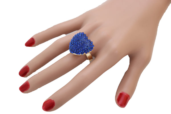 Women Gold Metal Bling Ring Blue Heart Fashion Jewelry Friendship Love Fit Band Size 7.5