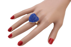 Women Gold Metal Bling Ring Blue Heart Friendship Love Fit Band Size 7.5