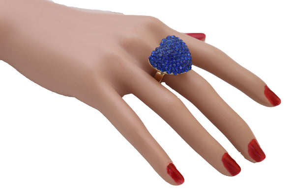 Women Gold Metal Bling Ring Blue Heart Fashion Jewelry Friendship Love Fit Band Size 7.5