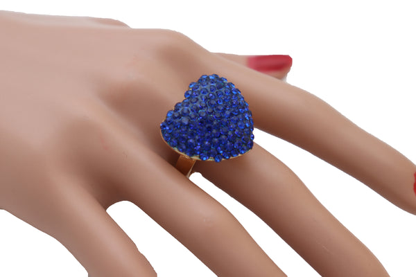 Women Gold Metal Bling Ring Blue Heart Fashion Jewelry Friendship Love Fit Band Size 7.5