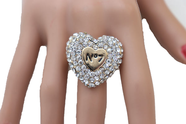 Brand New Women Gold Color Ring Elastic Metal Heart Silver Bling Love No 7 Band One Size