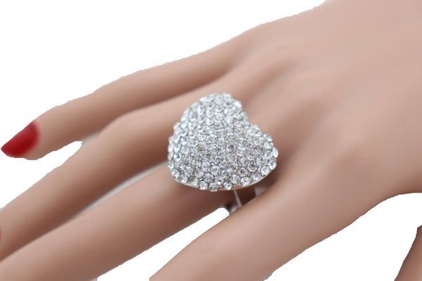 Women Silver Color Metal Ring Fashion Jewelry Bling Love Heat Friendship Band Size 7.5