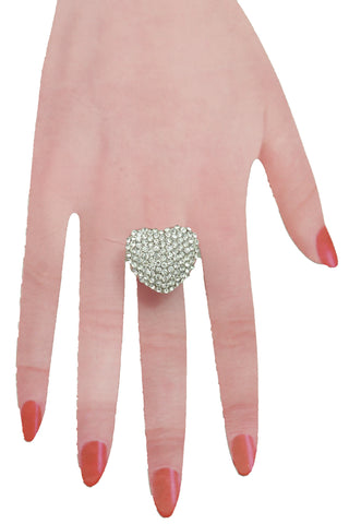 Women Silver Color Metal Ring Fashion Jewelry Bling Love Heat Friendship Band Size 7.5