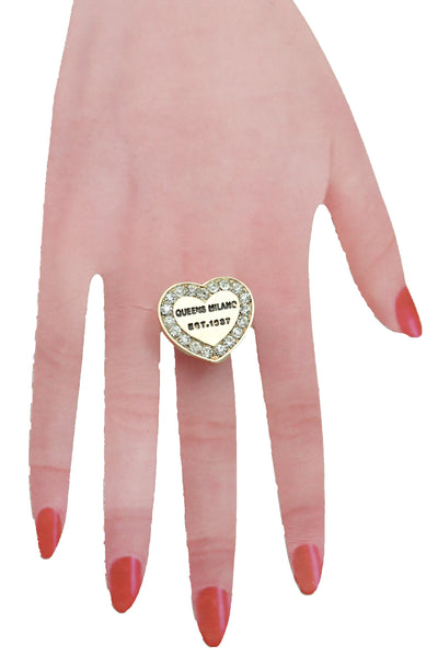 Brand New Women Gold Ring Metal Elastic Band Fashion Love Queens Heart Milano One Size