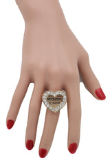 Women Gold Ring Metal Elastic Band Fashion Love Queens Heart Milano Est 1837 One Size Fits All