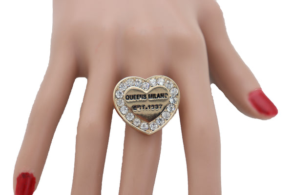 Brand New Women Gold Ring Metal Elastic Band Fashion Love Queens Heart Milano One Size