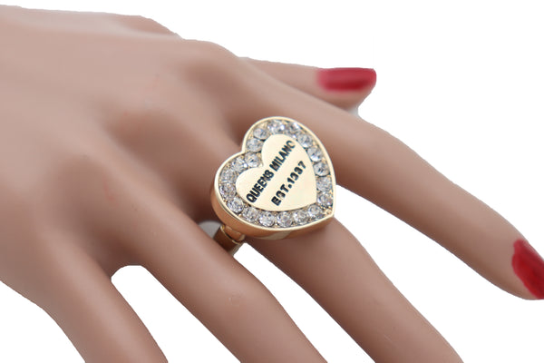 Brand New Women Gold Ring Metal Elastic Band Fashion Love Queens Heart Milano One Size