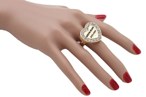 Brand New Women Gold Ring Metal Elastic Band Fashion Love Queens Heart Milano One Size