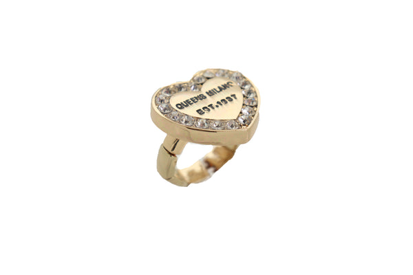Brand New Women Gold Ring Metal Elastic Band Fashion Love Queens Heart Milano One Size