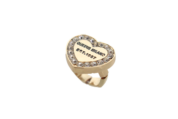 Brand New Women Gold Ring Metal Elastic Band Fashion Love Queens Heart Milano One Size