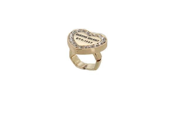 Brand New Women Gold Ring Metal Elastic Band Fashion Love Queens Heart Milano One Size