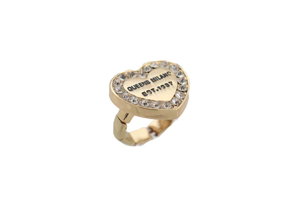 Brand New Women Gold Ring Metal Elastic Band Fashion Love Queens Heart Milano One Size