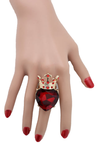 Brand New Women Ring Gold Metal Red Heart Queen Crown Love Jewelry One Size Elastic Band