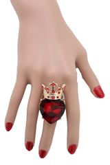 Ring Gold Metal Red Heart Queen Crown Love Jewelry One Size Elastic Band