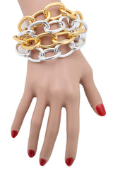 Women Silver Gold Color Metal Chunky Chain Thick Links Bracelet Adjustable Size Band