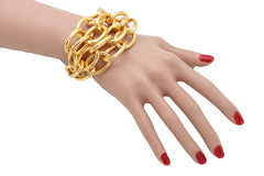 Women Gold Metal Chain Links Multi Strands Wrist Bracelet Bling Adjustable Size Band