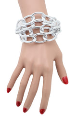 Wrist Bracelet Multi Strand Silver Metal Chunky Chain Link