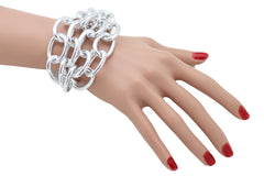 Wrist Bracelet Multi Strand Silver Metal Chunky Chain Link