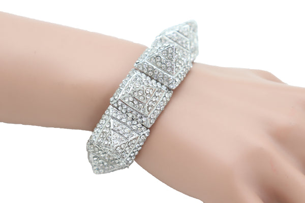 Brand New Women Elegant Fashion Jewelry Silver Metal Bracelet Shiny Bling Pyramid Spikes One Size Fits All