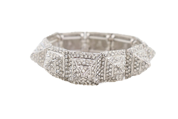 Brand New Women Elegant Fashion Jewelry Silver Metal Bracelet Shiny Bling Pyramid Spikes One Size Fits All