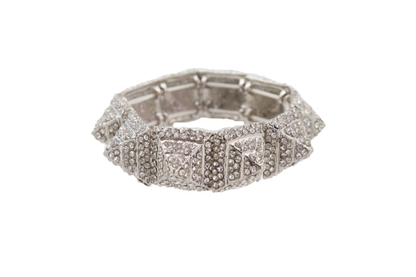 Brand New Women Elegant Fashion Jewelry Silver Metal Bracelet Shiny Bling Pyramid Spikes One Size Fits All