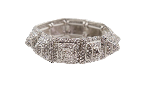 Brand New Women Elegant Fashion Jewelry Silver Metal Bracelet Shiny Bling Pyramid Spikes One Size Fits All