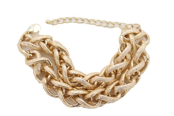 Women Bracelet Gold Textured Chain Links Double Strands Bulky Fashion Jewelry Attractive Stylish Look