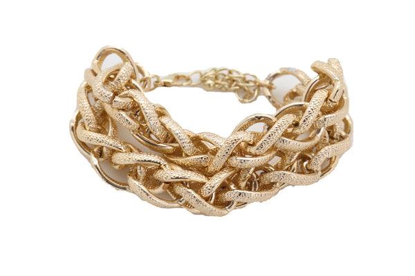 Women Bracelet Gold Textured Chain Links Double Strands Bulky Fashion Jewelry Attractive Stylish Look