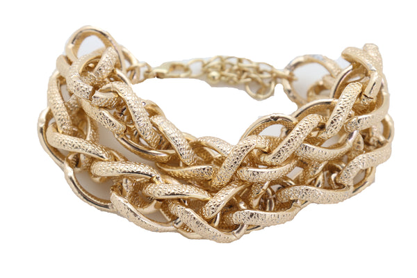 Women Bracelet Gold Textured Chain Links Double Strands Bulky Fashion Jewelry Attractive Stylish Look