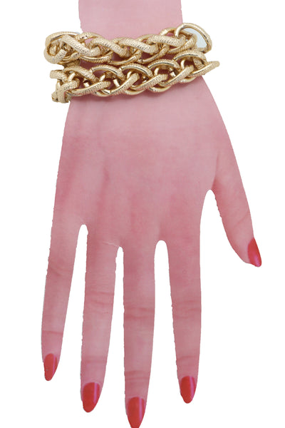 Women Bracelet Gold Textured Chain Links Double Strands Bulky Fashion Jewelry Attractive Stylish Look