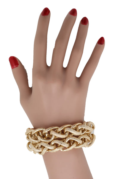 Women Bracelet Gold Textured Chain Links Double Strands Bulky Fashion Jewelry Attractive Stylish Look