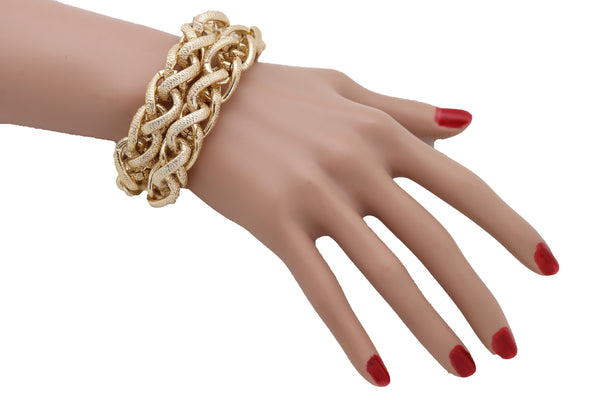 Brand New Women Bracelet Gold Textured Chain Links Double Strands Bulky Fashion Jewelry
