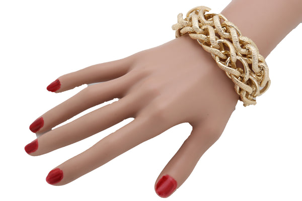 Women Bracelet Gold Textured Chain Links Double Strands Bulky Fashion Jewelry Attractive Stylish Look